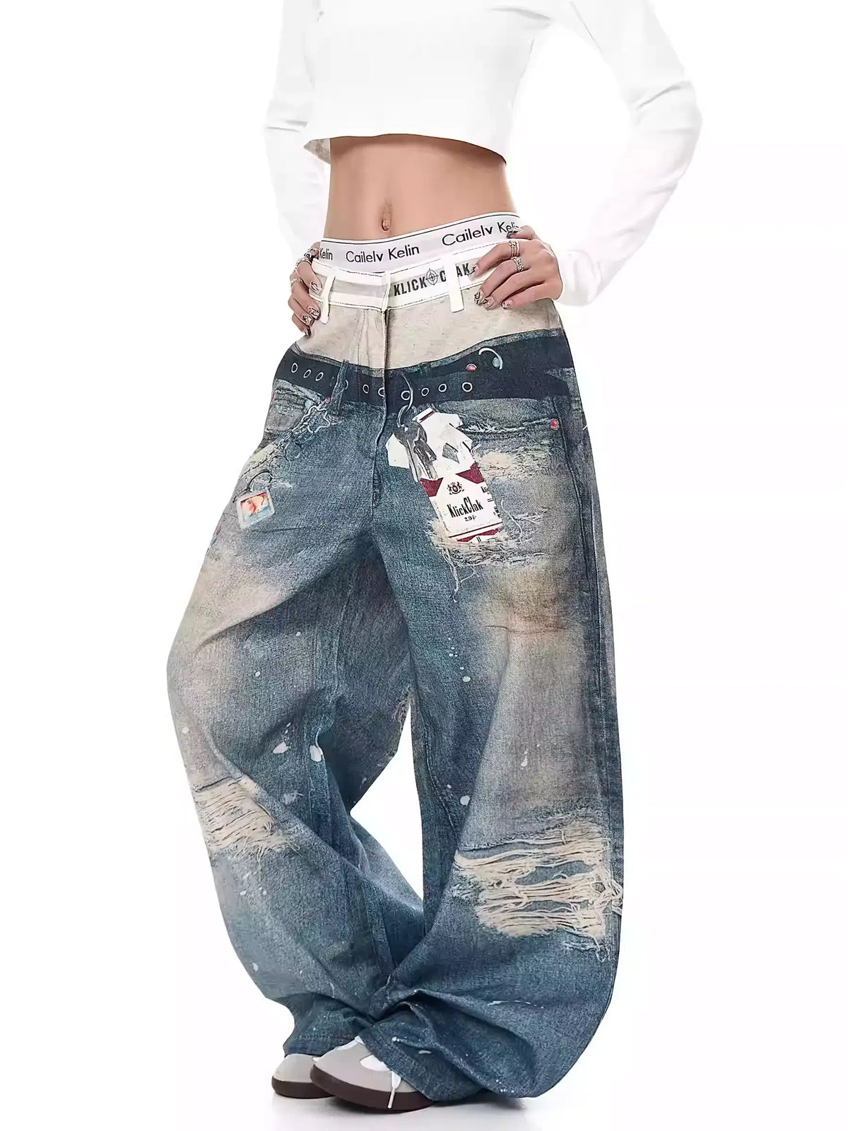 Retro 3D Print Double-Waist Straight-Leg Jeans — image 3