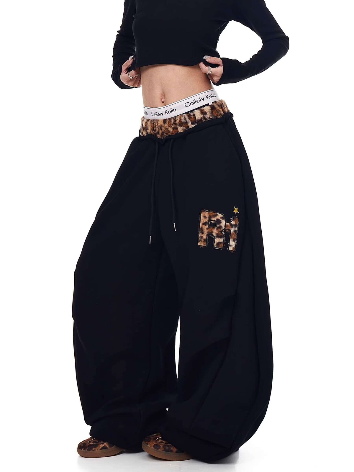 Retro Leopard Patchwork Wide-Leg Sweatpants — image 5
