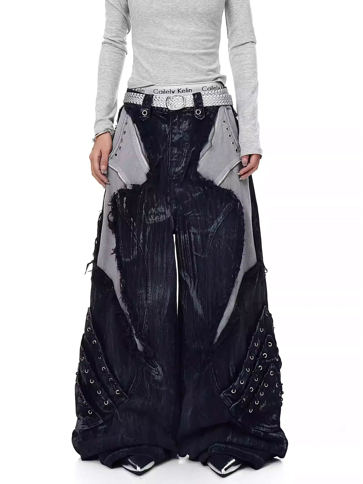 High-Street Patchwork Distressed Wide-Leg Jeans — image 2