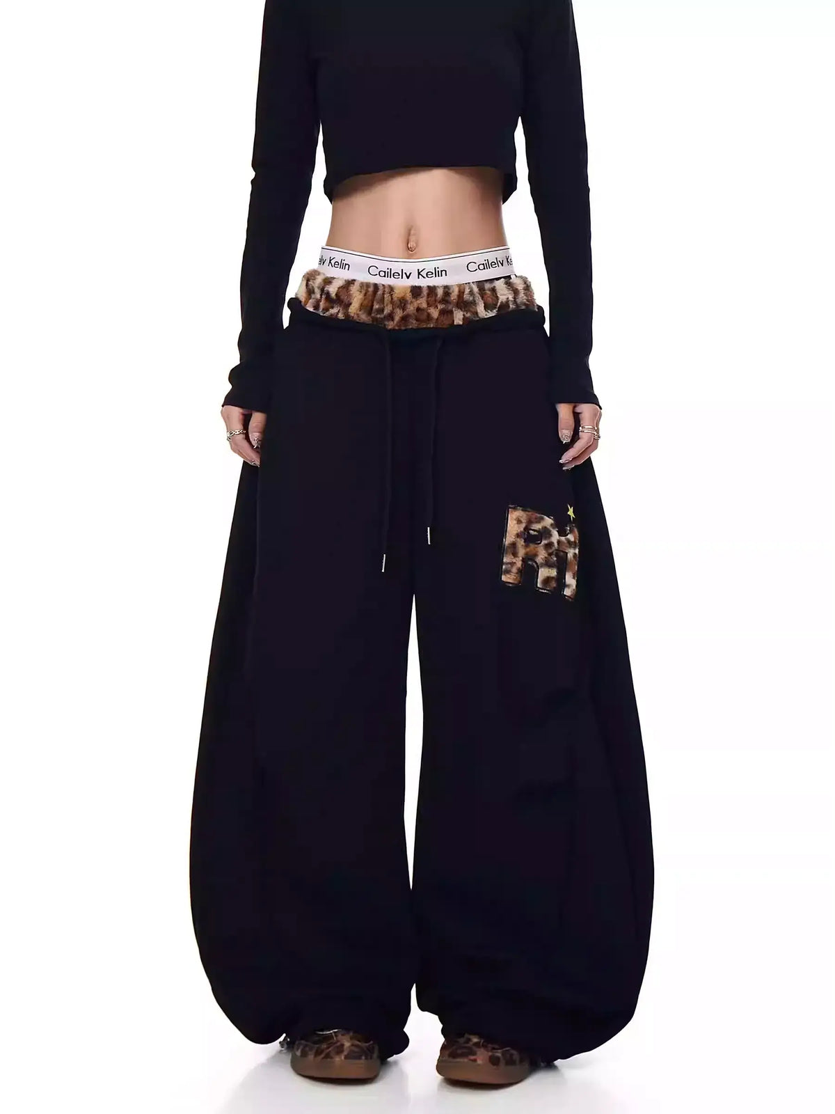Retro Leopard Patchwork Wide-Leg Sweatpants — image 1