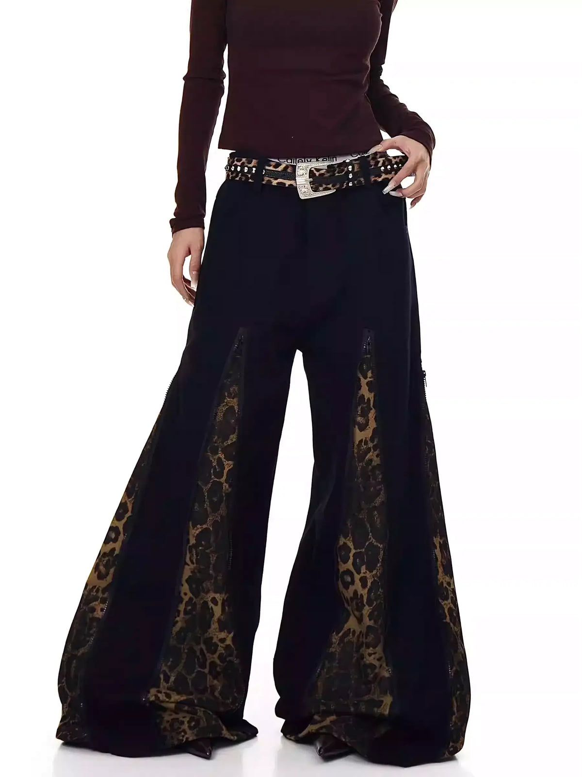 Leopard Zipper Patchwork Flared Wide-Leg Jeans — image 2