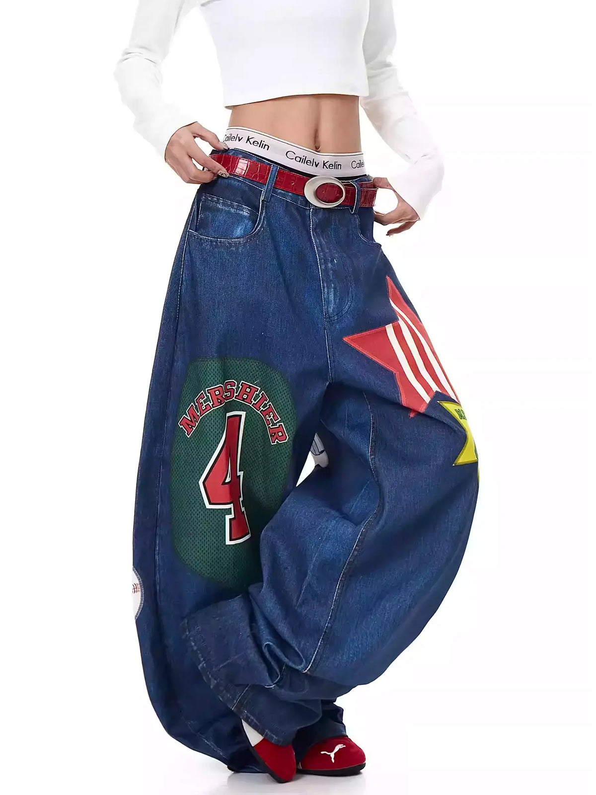 Retro Star Print Wide-Leg Jeans — image 2