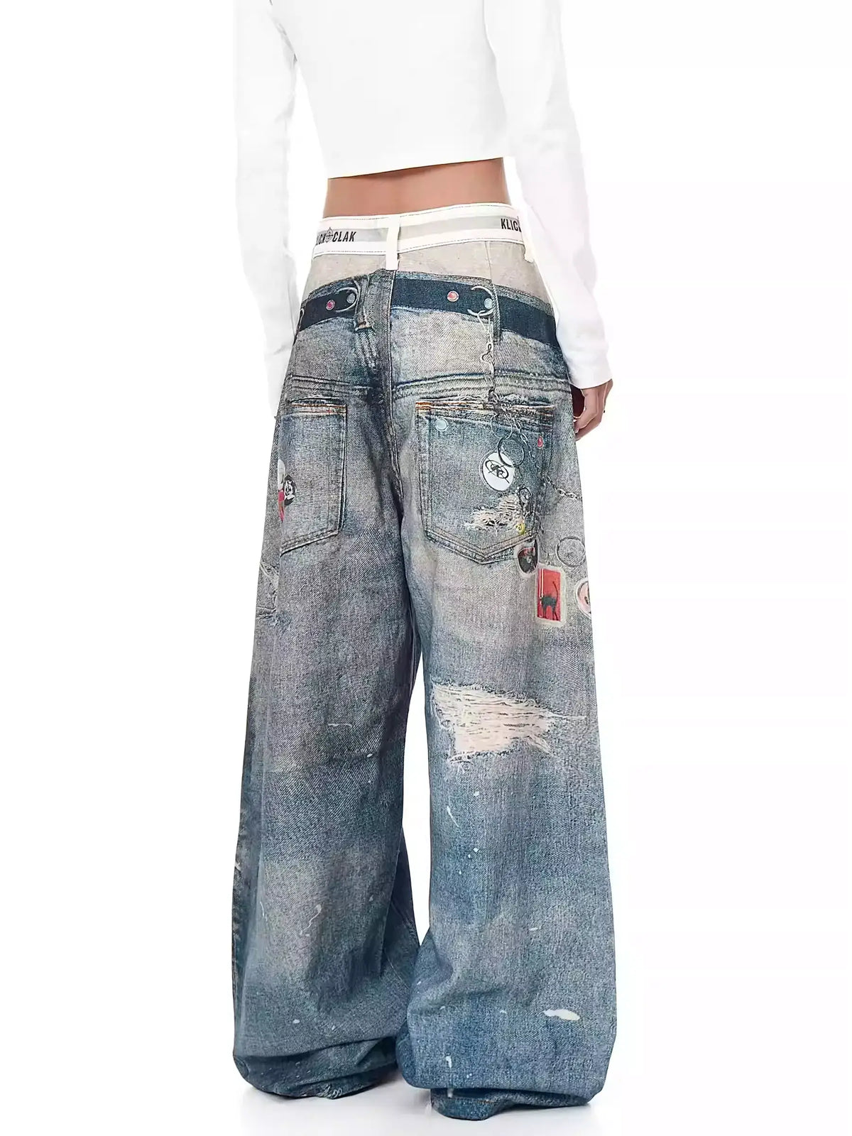 Retro 3D Print Double-Waist Straight-Leg Jeans — image 2