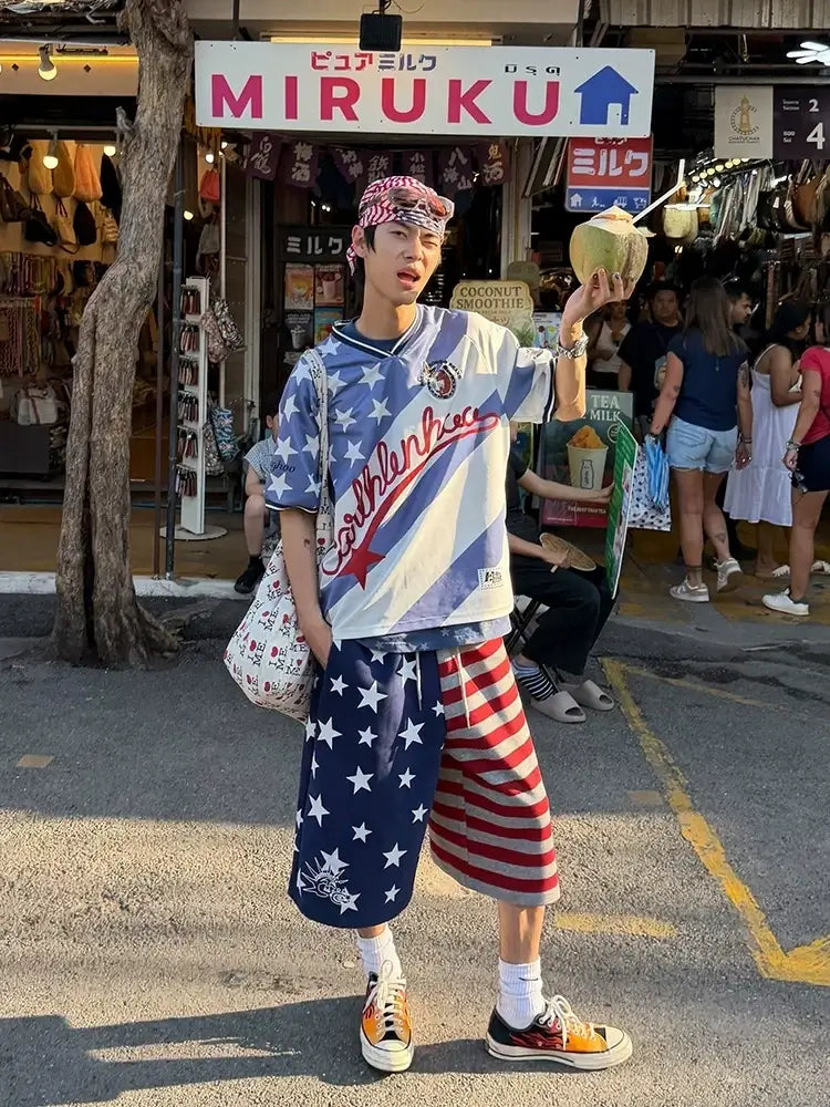 American Style Star Print Colorblock Wide-Leg Cropped Shorts — image 4