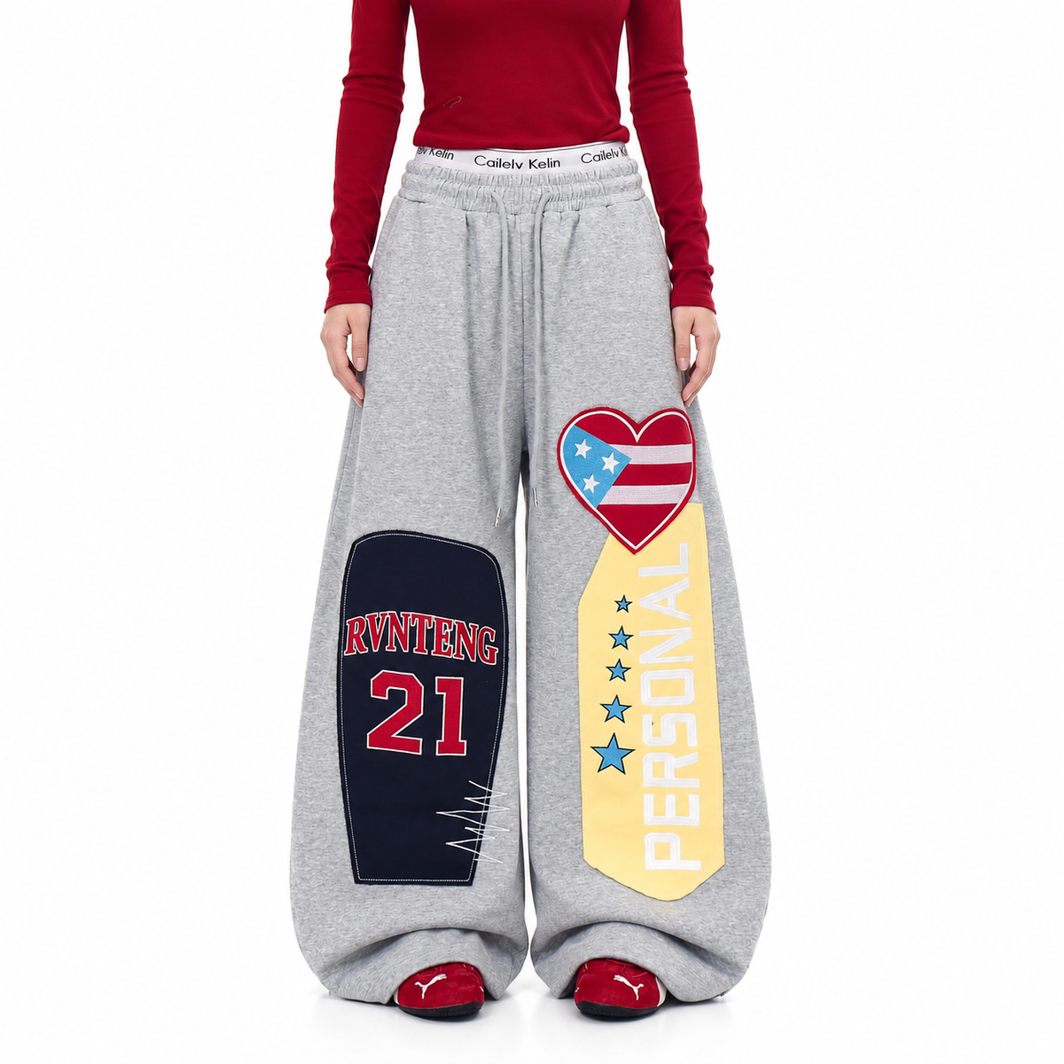 American Street Style Heart Patch Embroidery Heart Patch Embroidered Barrel Sweatpants — white studio catalog image