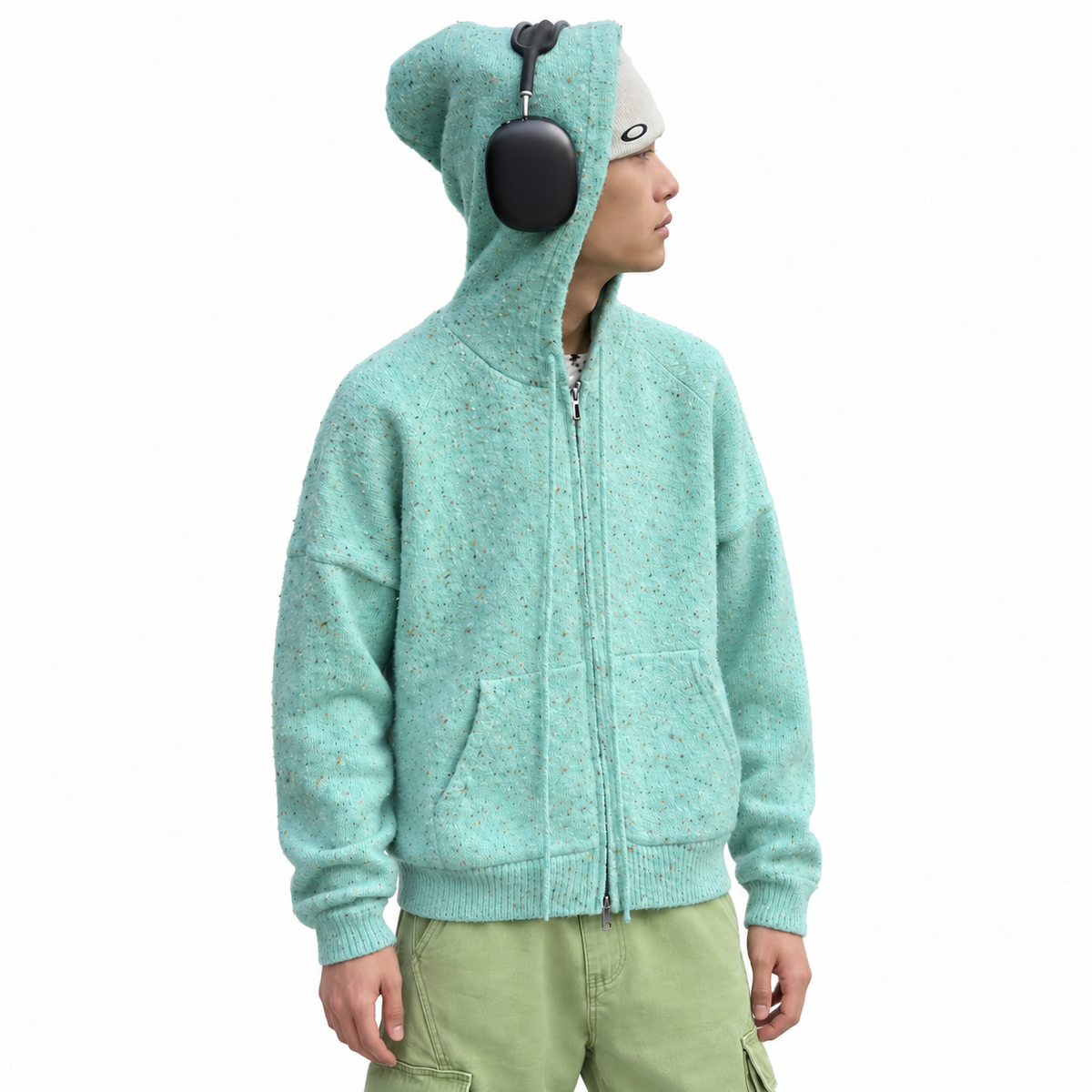 American Style Drawstring Hooded Knitted Cardigan Sweater — white studio catalog image