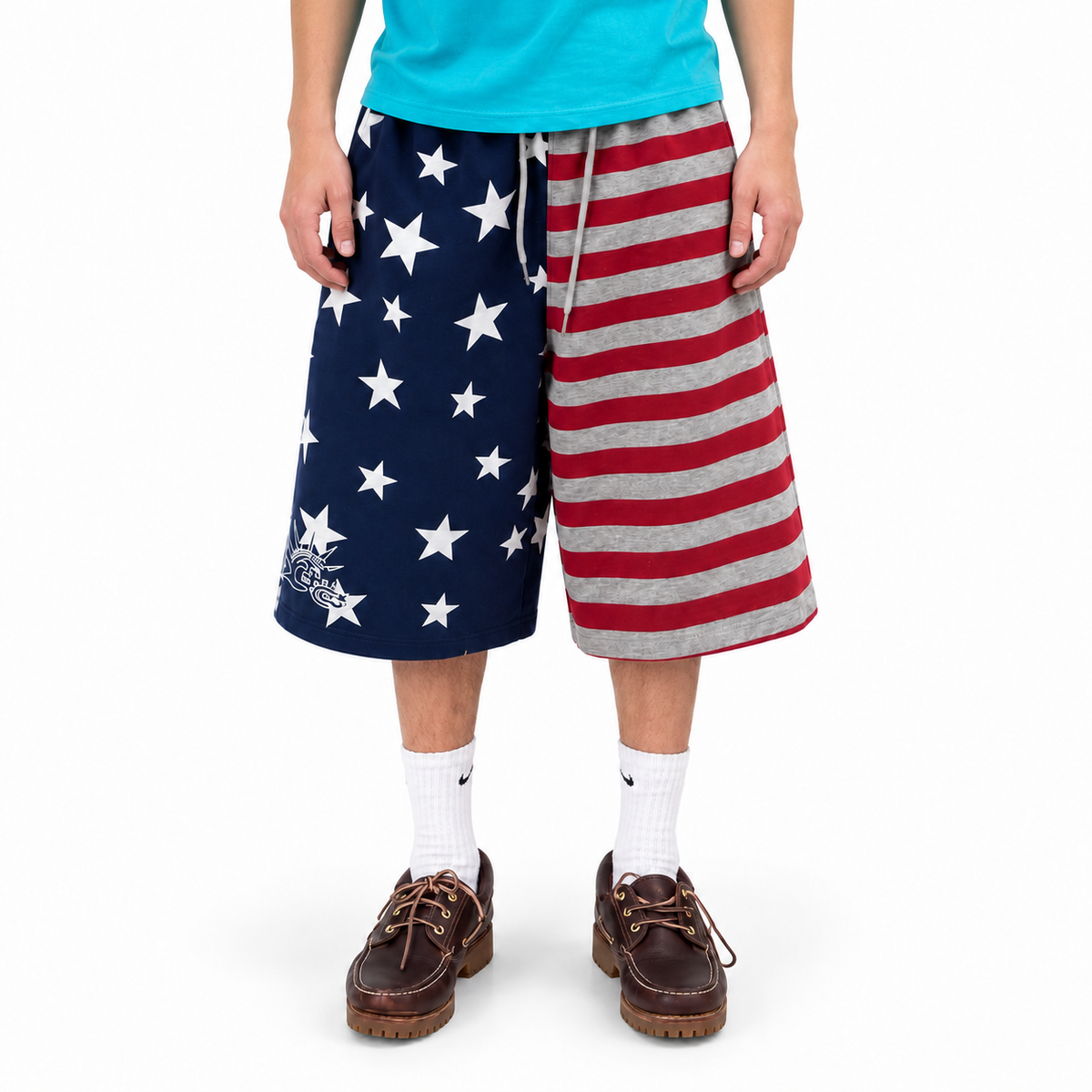 American Style Star Print Colorblock Wide-Leg Cropped Shorts — white studio catalog image