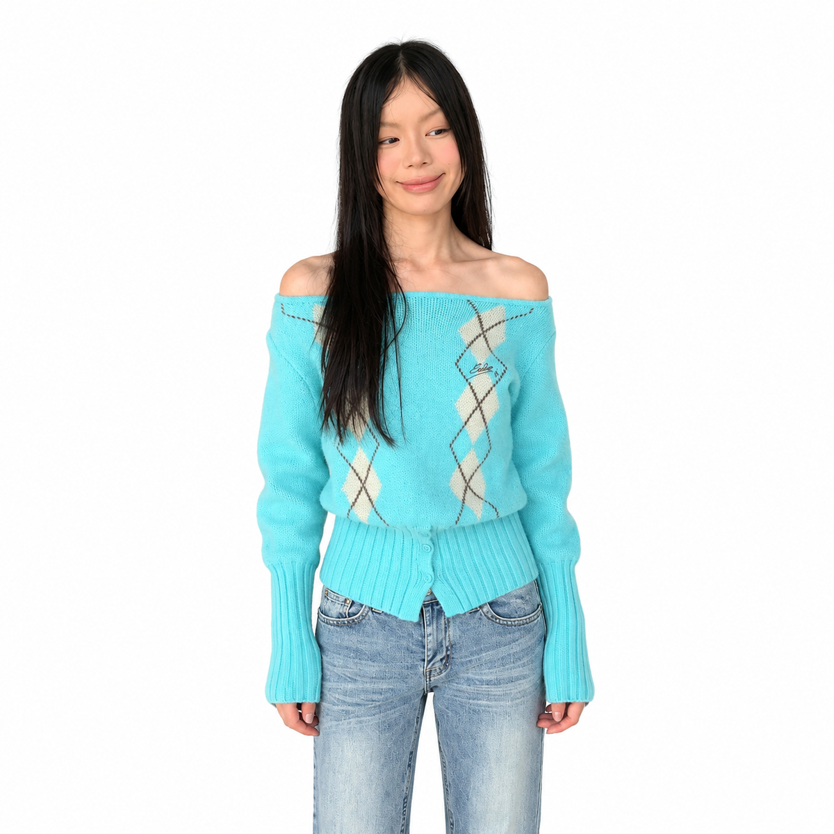 Asymmetric Argyle Knit Sweater — white studio catalog image