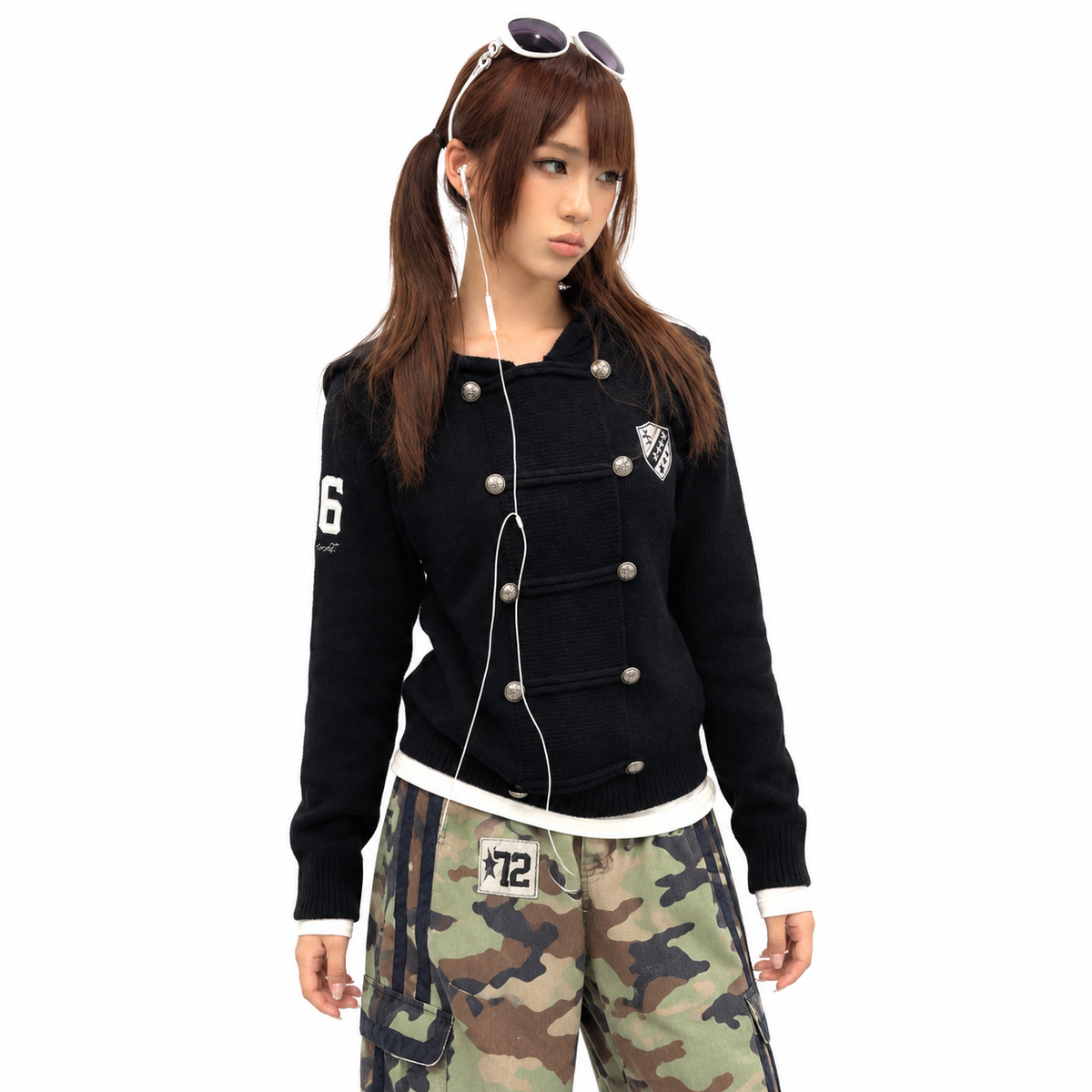 Badge Embroidered Knit Hooded Sweater — white studio catalog image
