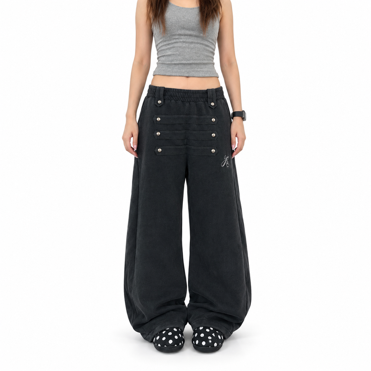Beaded Curved Wide-Leg Sweatpants — white studio catalog image