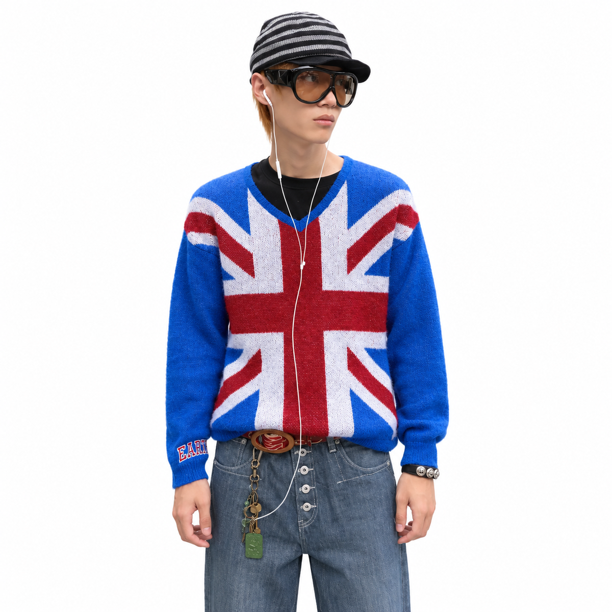 British Flag Knit Sweater — white studio catalog image