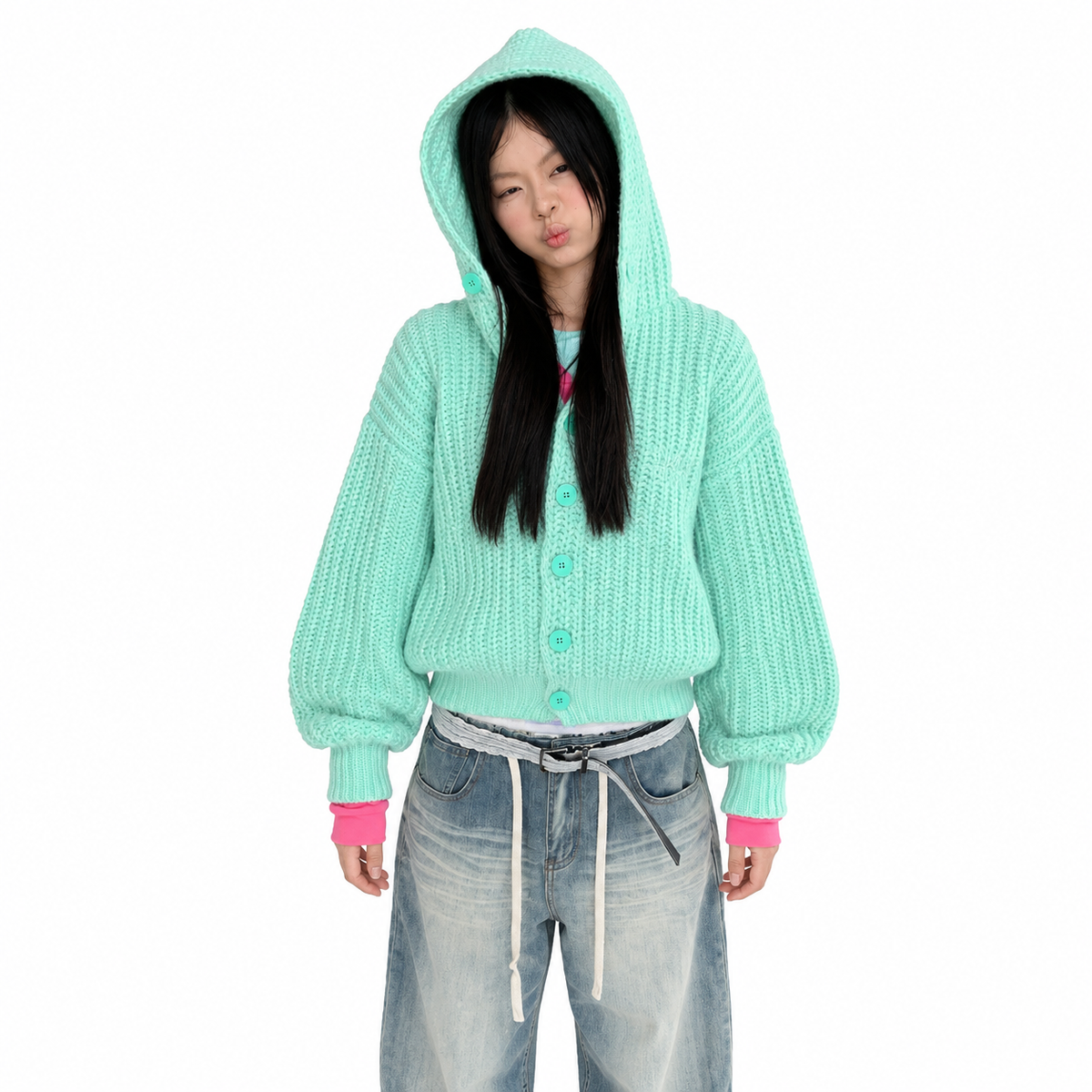 Button Knit Hooded Cardigan — white studio catalog image