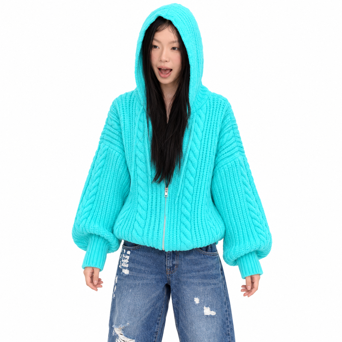Cable Knit Hooded Sweater Cardigan — white studio catalog image