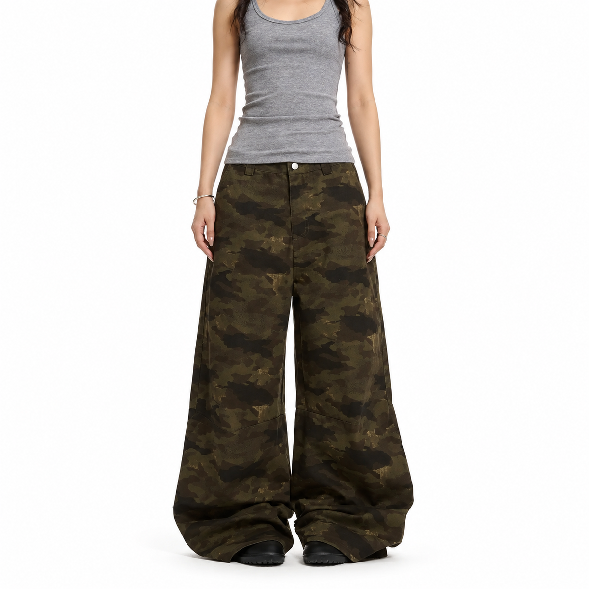 Camouflage Loose Ripped Wide-Leg Pants — white studio catalog image