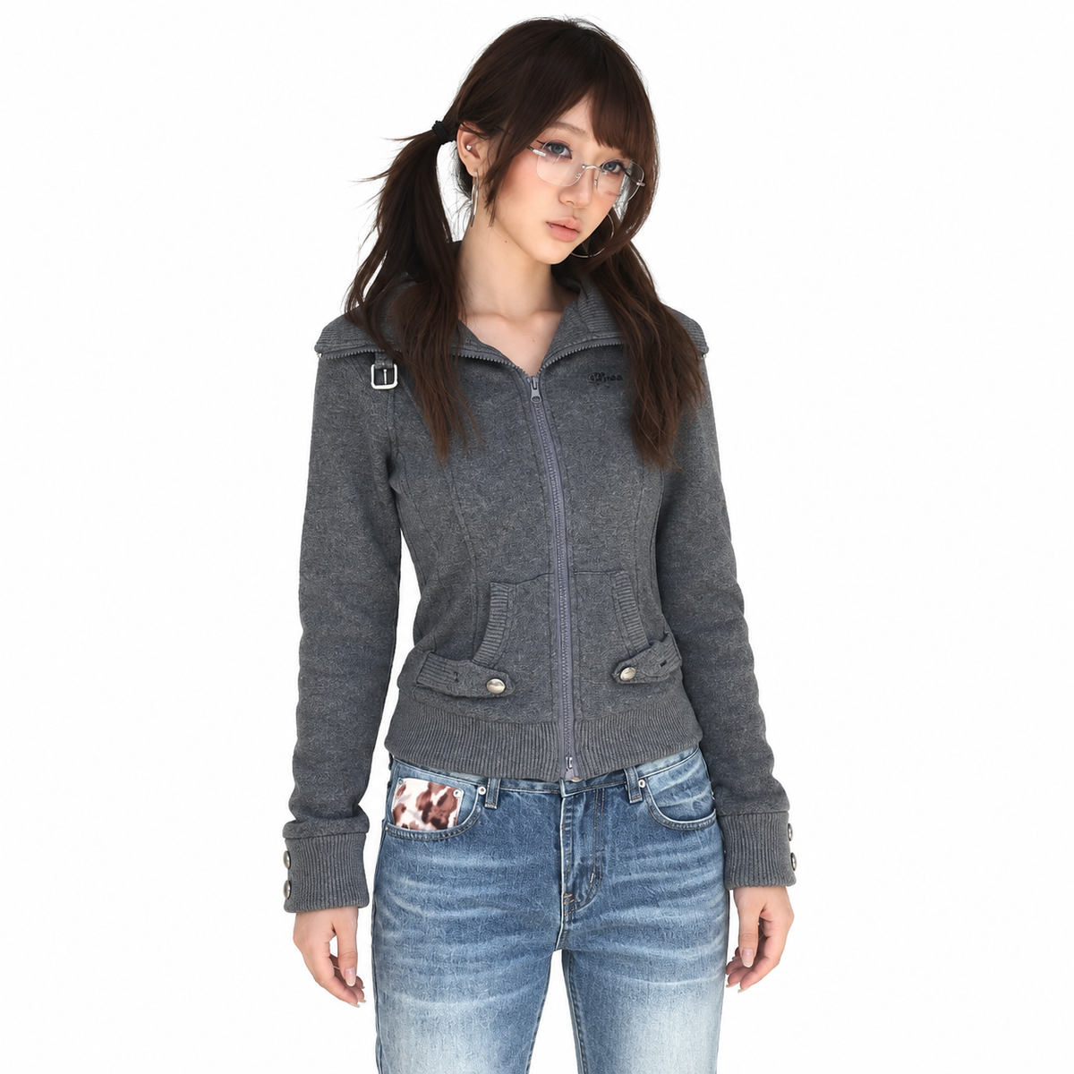 Casual Lapel Zip-Up Cardigan Sweatshirt — white studio catalog image