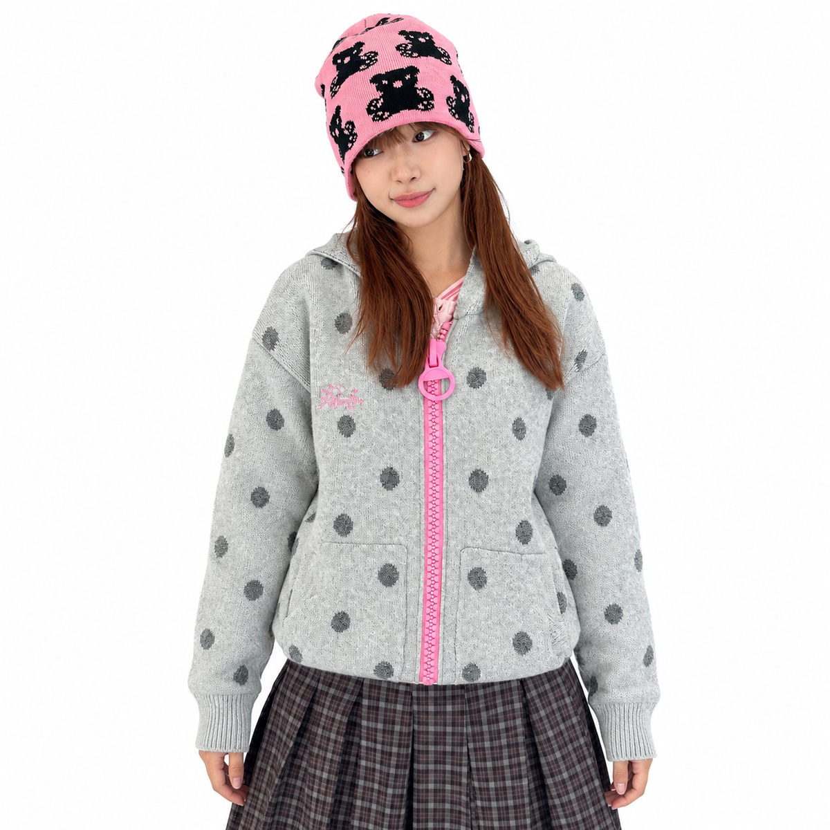 Dot Hooded Knit Sweater — white studio catalog image