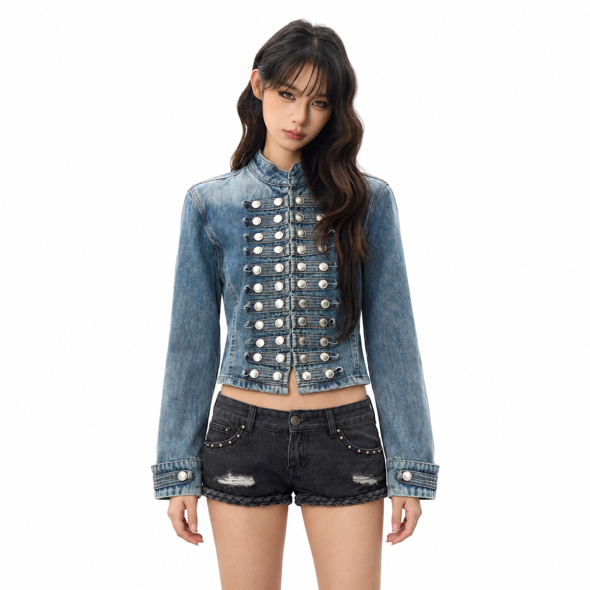 Double Breasted Cropped Denim Jacket — white studio catalog image