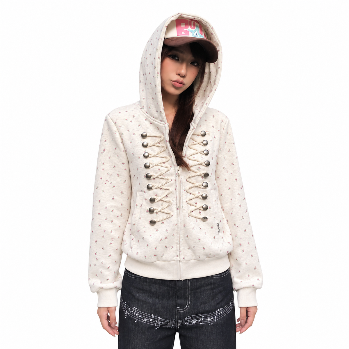 Floral Print Hooded Cardigan Jacket — white studio catalog image