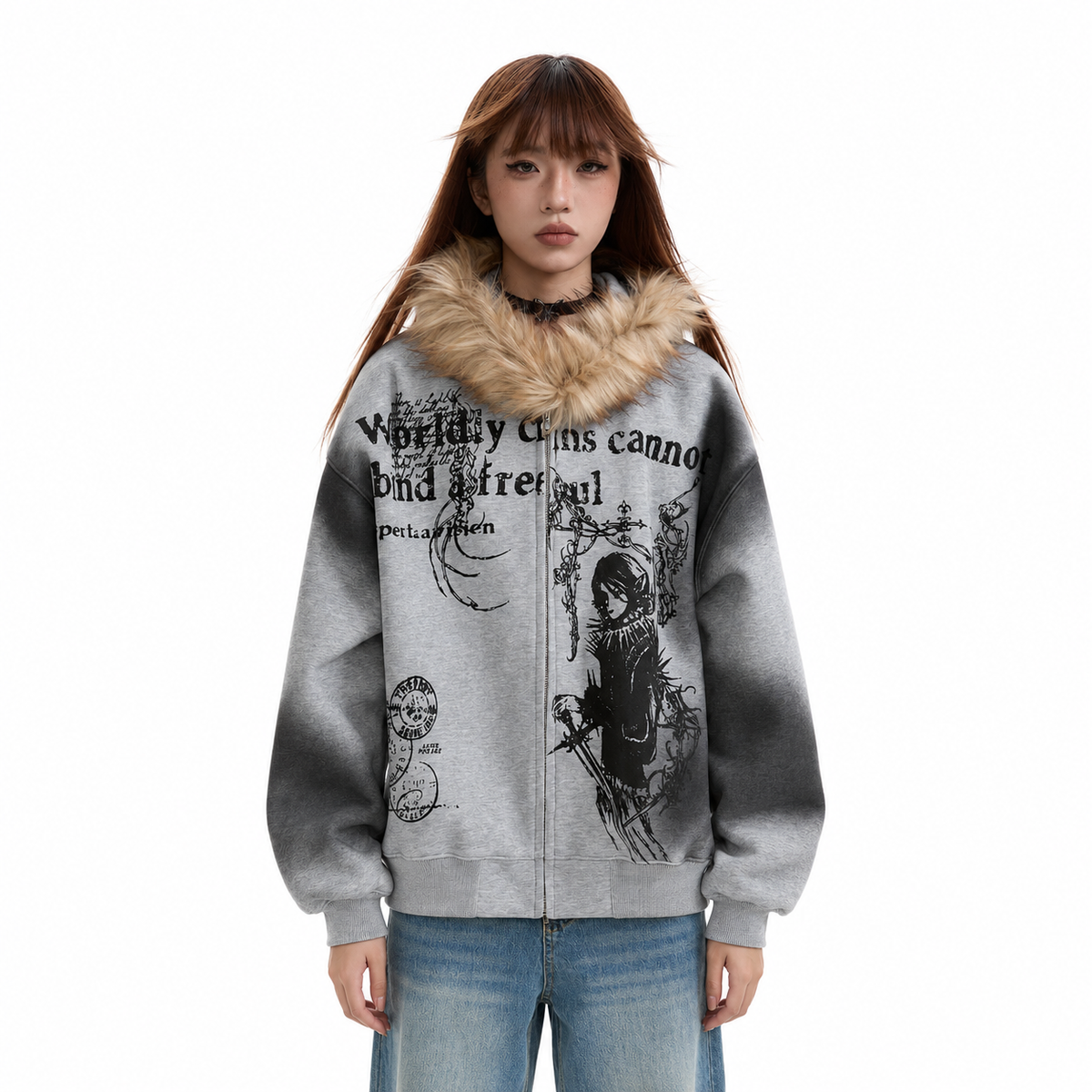 Fur Collar Hooded Zip-Up — white studio catalog image
