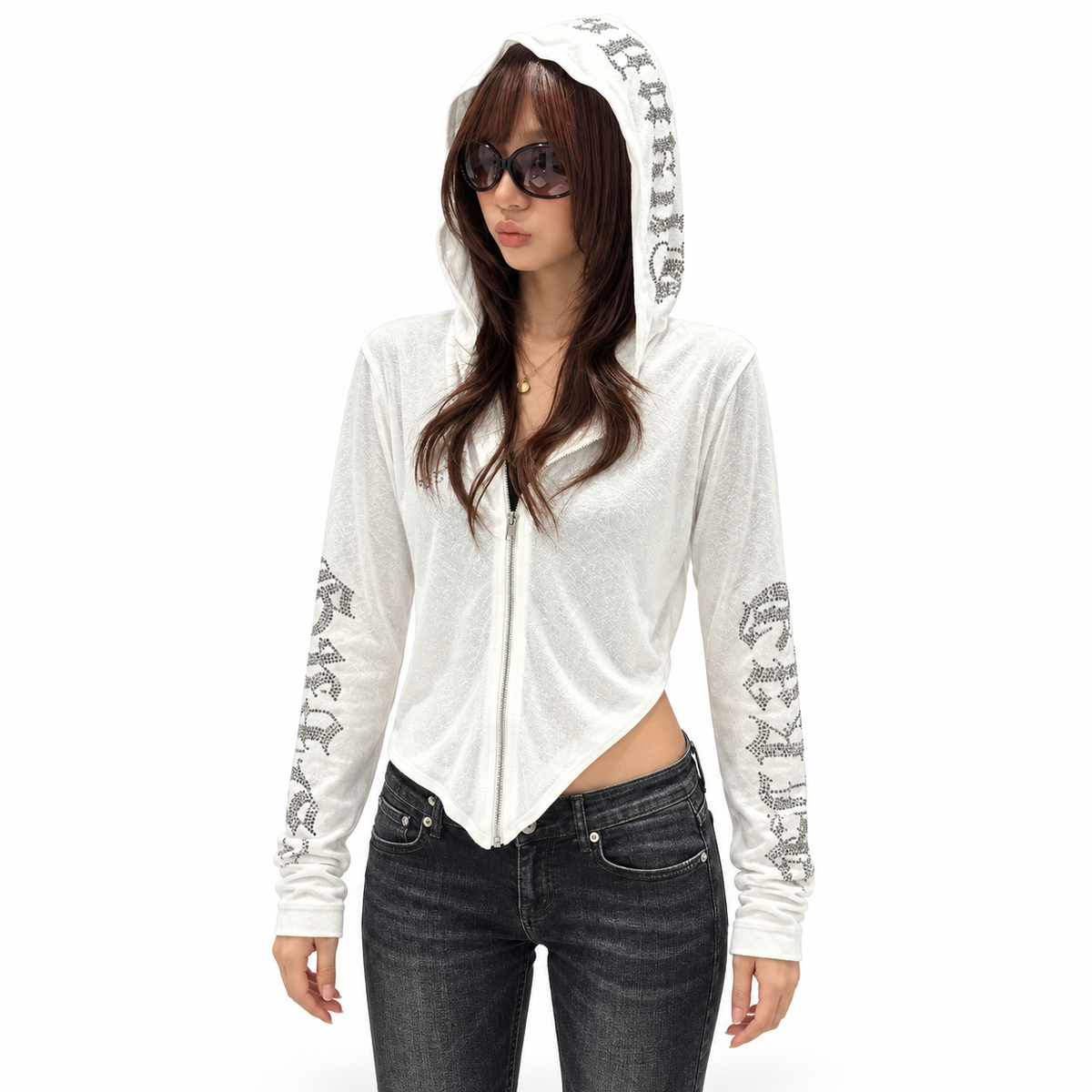 Gothic Rhinestone Hooded Cardigan — white studio catalog image