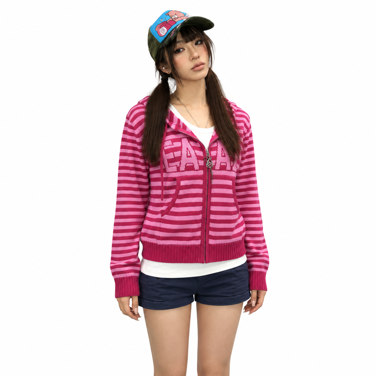 Hooded Knit Cardigan Sweater — white studio catalog image