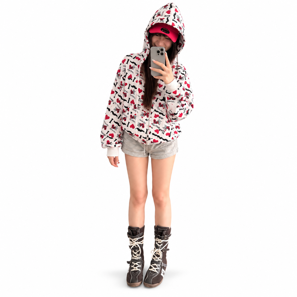 “I LOVE” Heart Print Zip-Up Hoodie — white studio catalog image