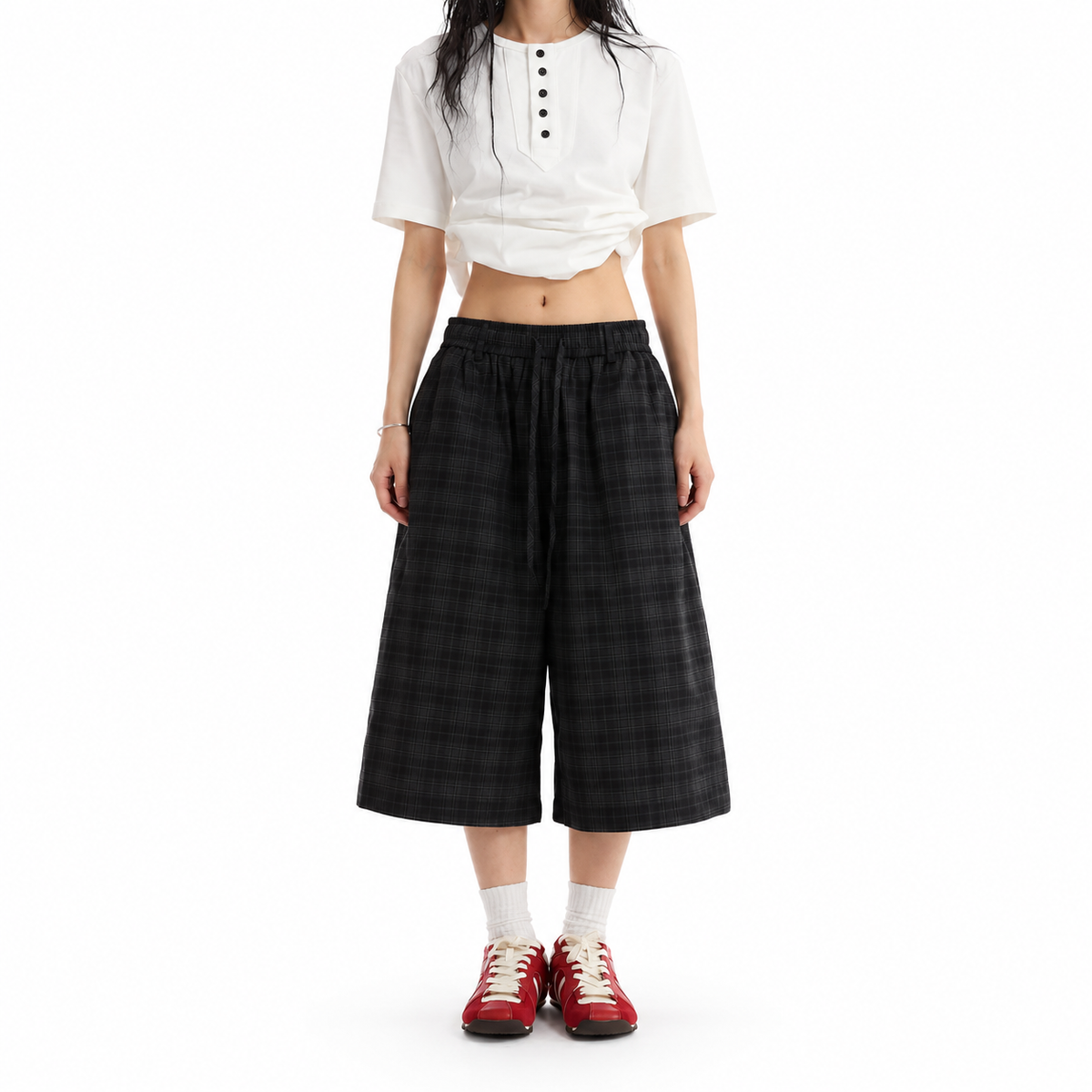 Lazy Plaid Elastic Waist Wide Leg Cropped Pants — white studio catalog image