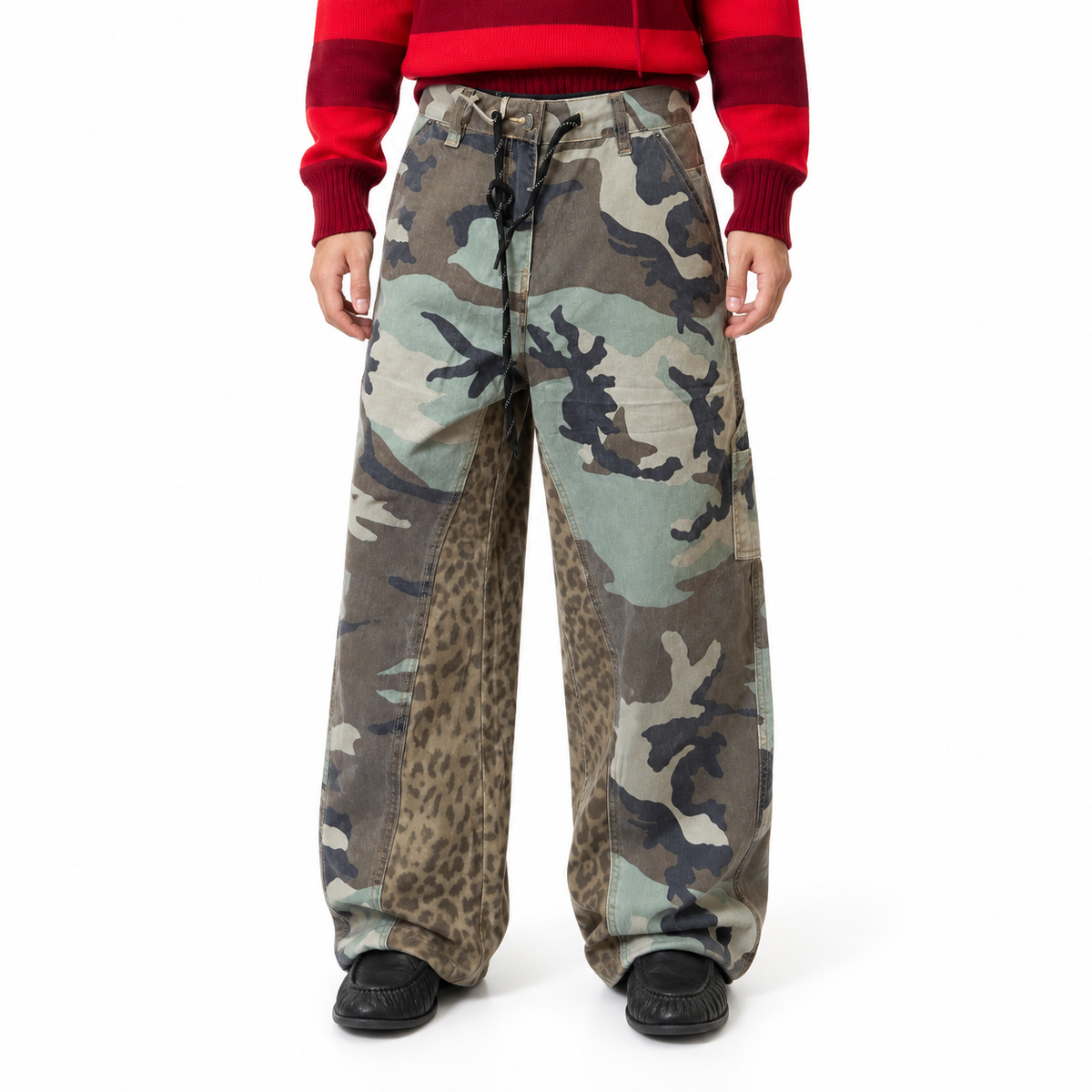 Leopard Patchwork Camo Pants — white studio catalog image