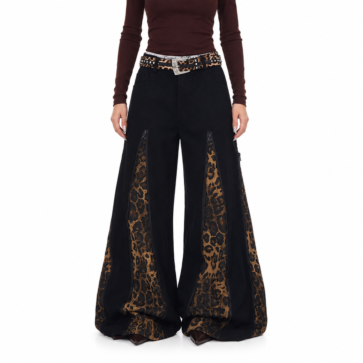 Leopard Zipper Patchwork Flared Wide-Leg Jeans — white studio catalog image
