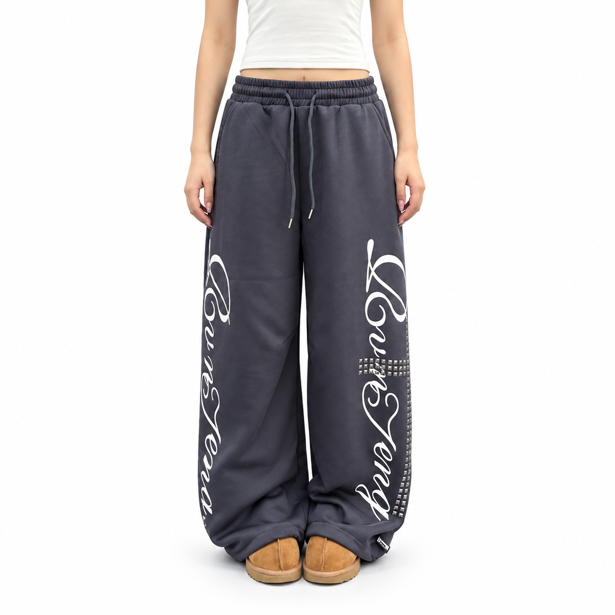 Letter Print Rivet Wide-Leg Drawstring Sweatpants — white studio catalog image