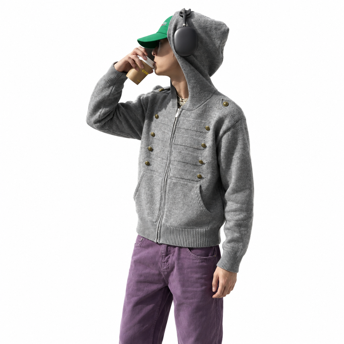Napoleon Button Hooded Knit Cardigan Sweater — white studio catalog image