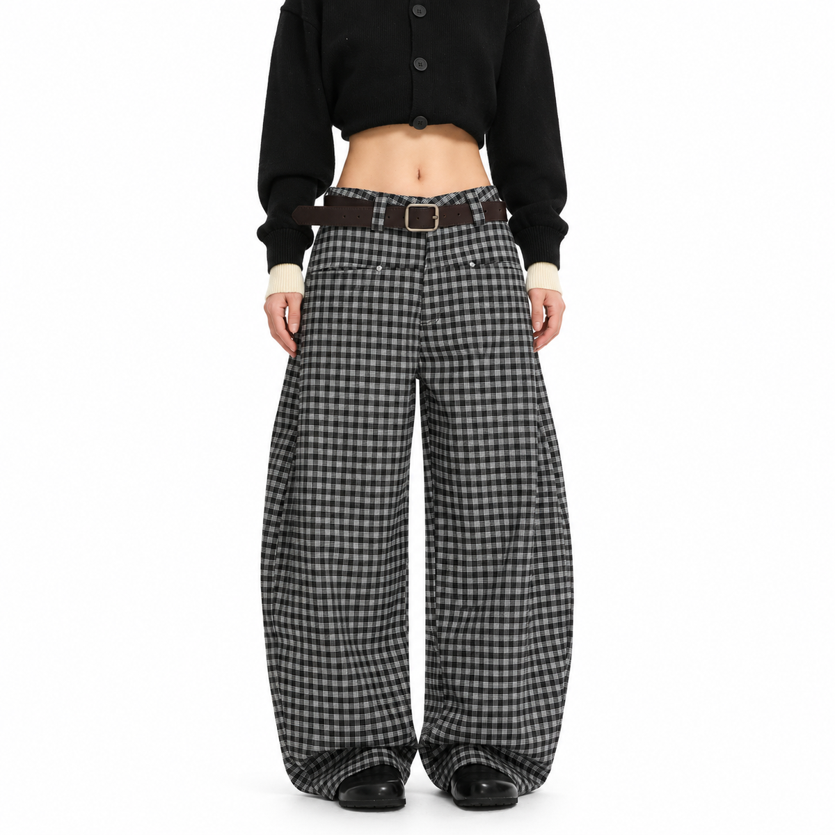 Plaid Loose Barrel-Leg Pants — white studio catalog image