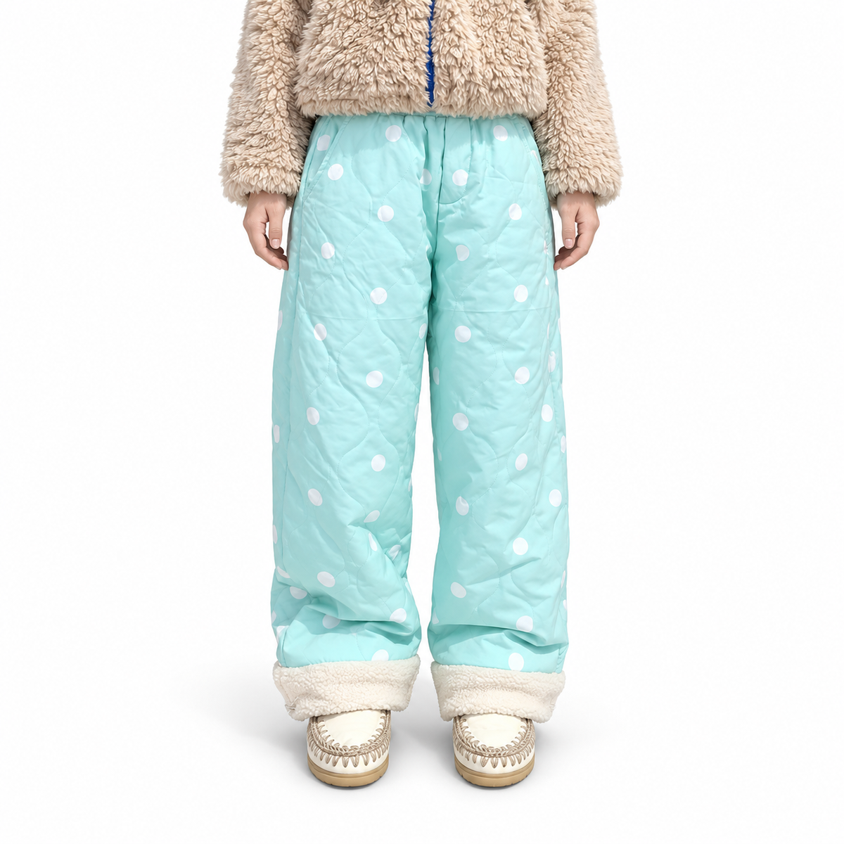 Polka Dot Quilted Fleece Pants — white studio catalog image