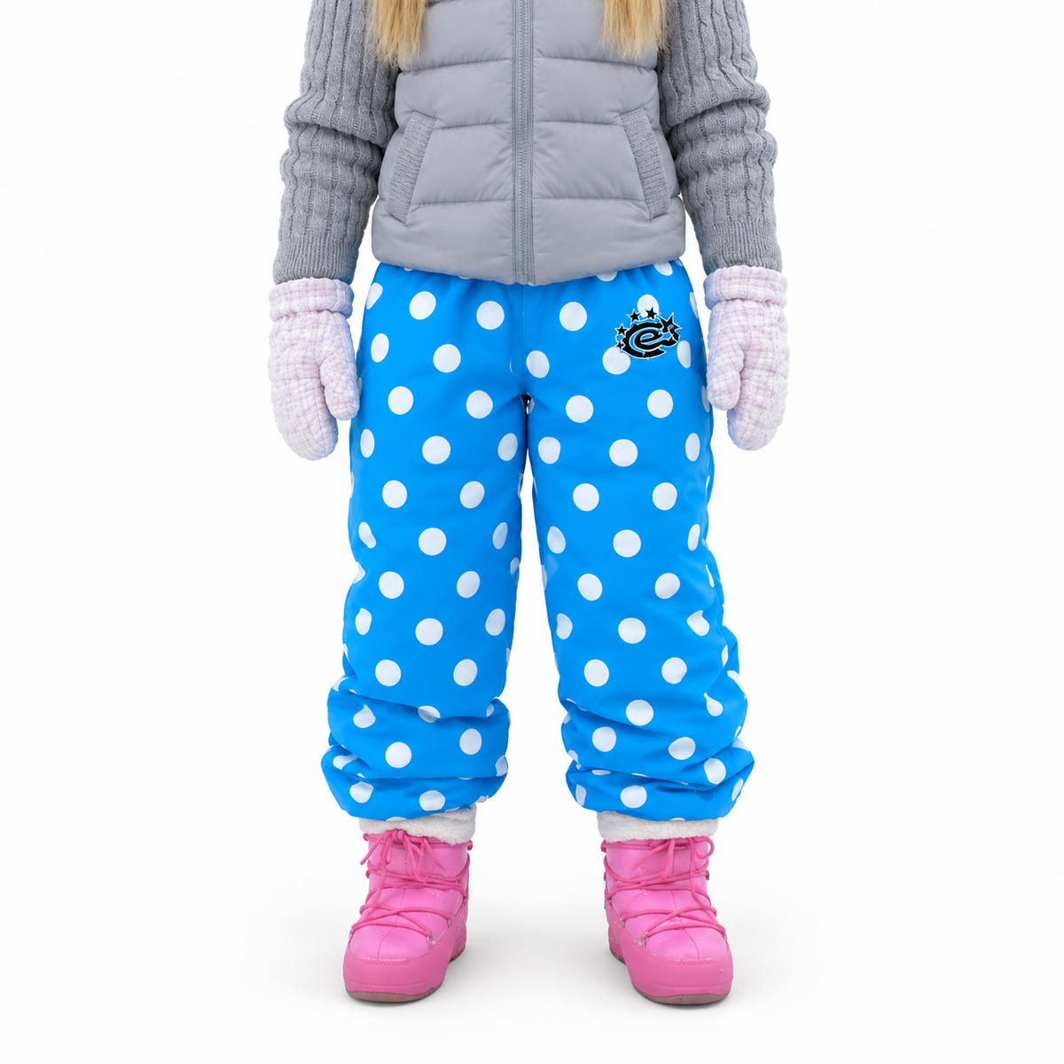 Quilted Dot Patchwork Pants — white studio catalog image