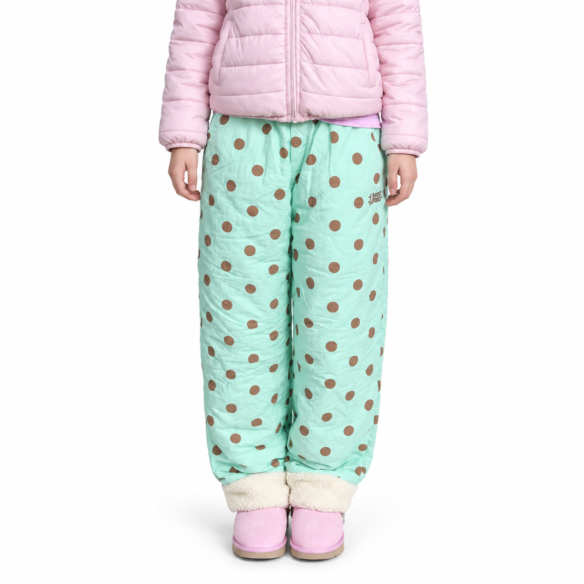 Quilted Sherpa Patchwork Ski Pants — white studio catalog image