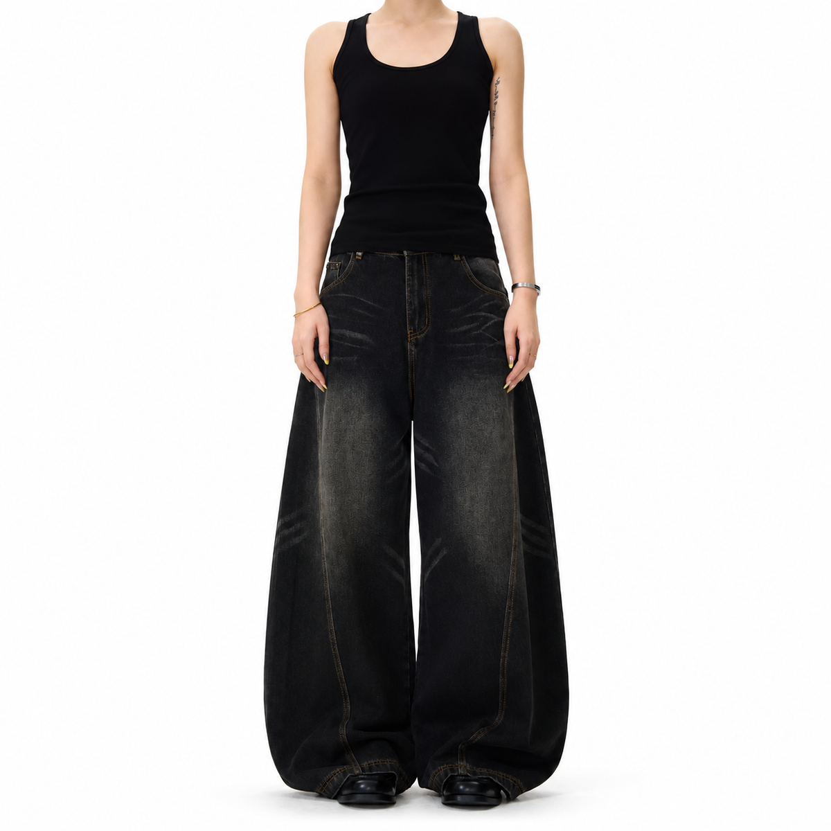 Retro Cat Whisker Retro Whiskered Barrel Jeans — white studio catalog image