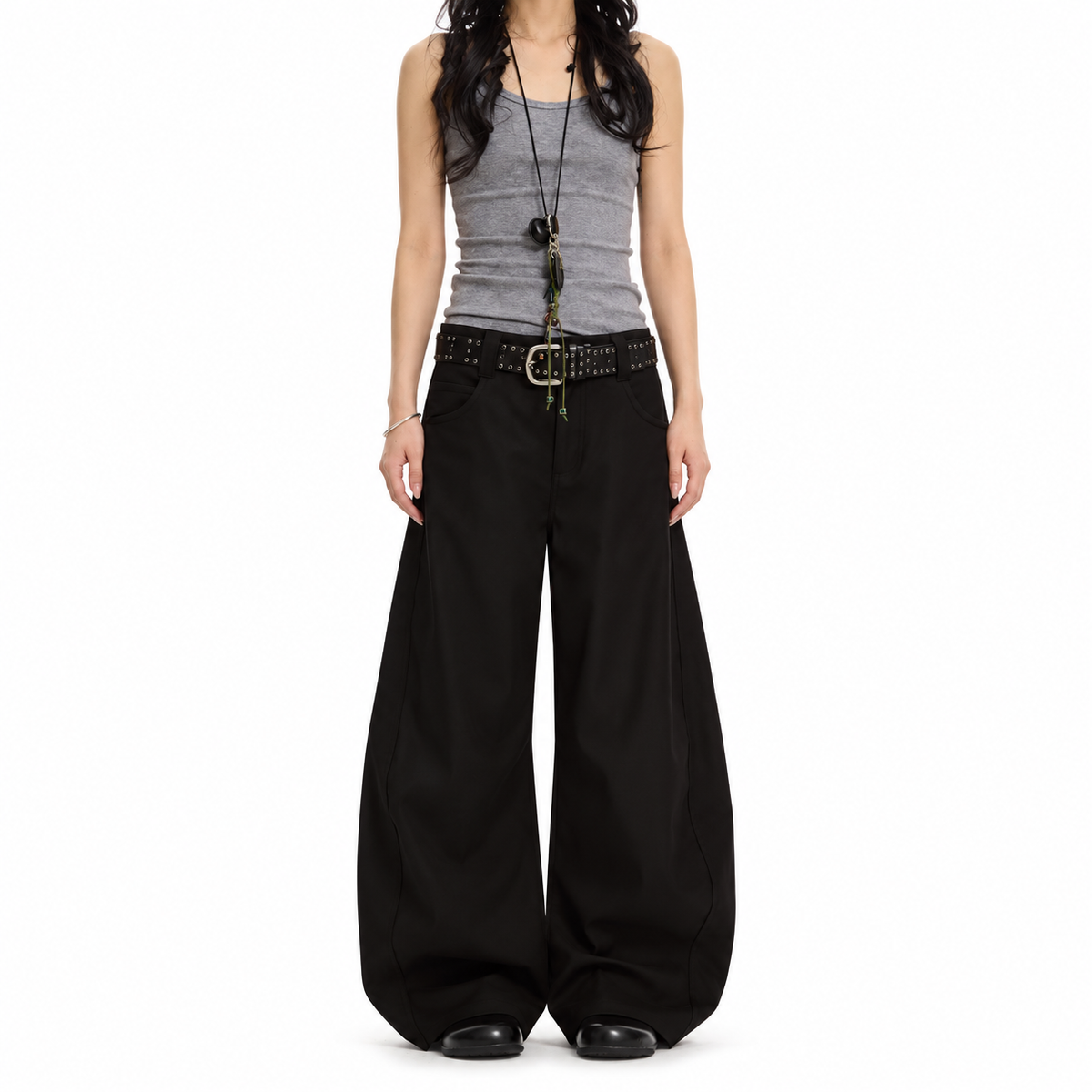 Retro Draped Barrel-Leg Trousers — white studio catalog image