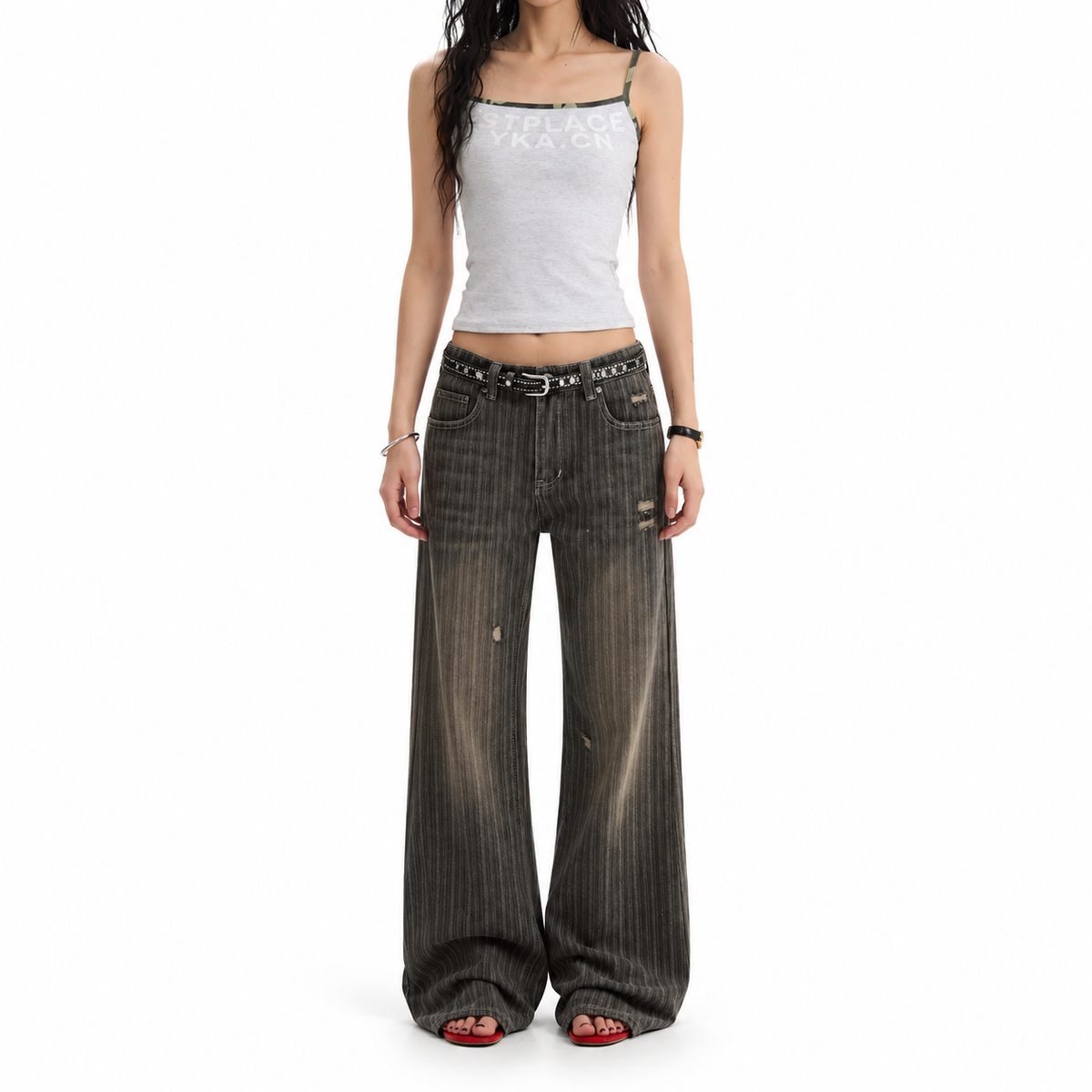 Retro Washed Vertical Stripes Distressed Jeans — white studio catalog image