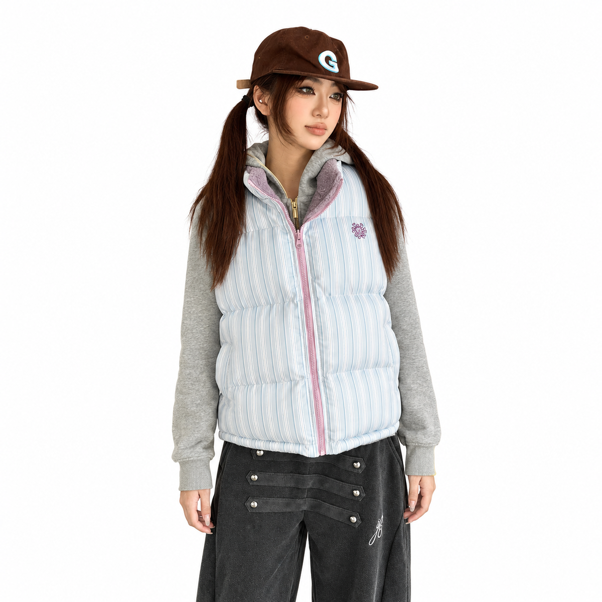 Reversible Plaid Puffer Vest — white studio catalog image
