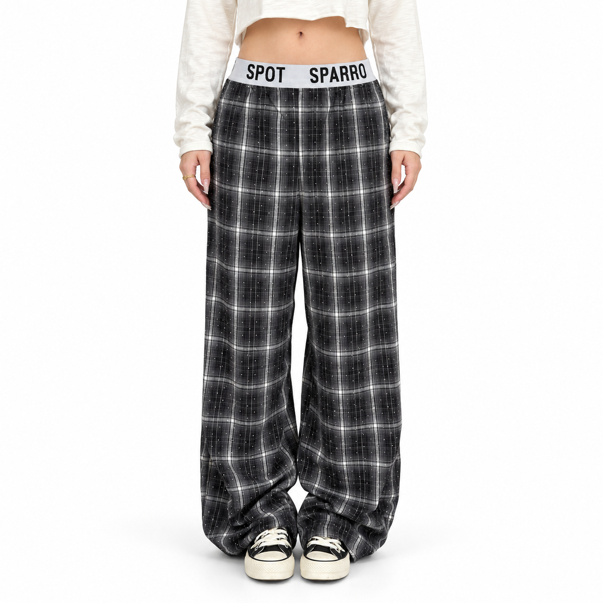 Rhinestone Plaid Casual Pants — white studio catalog image