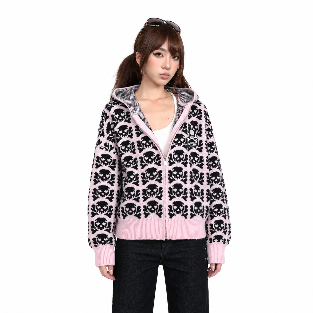 Skull Jacquard Hooded Knit Cardigan — white studio catalog image