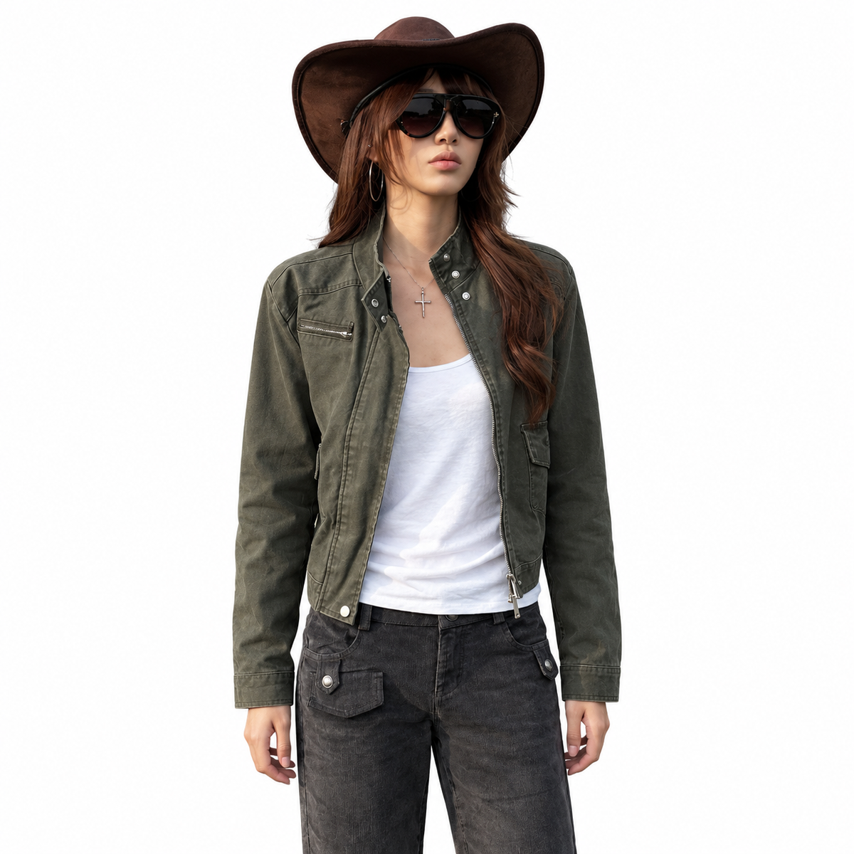 Stand Collar Workwear Short Jacket — white studio catalog image