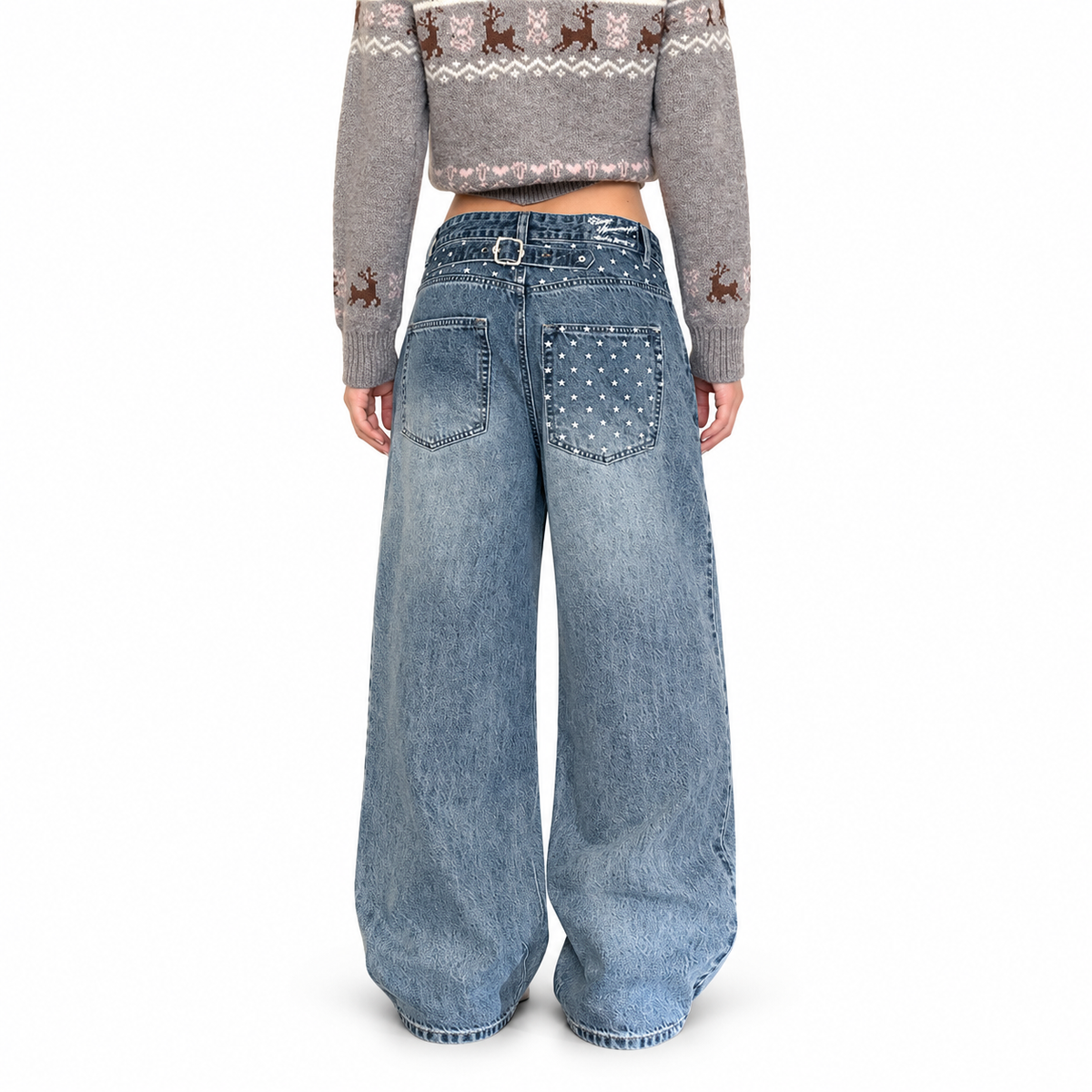 Star Print Washed Wide-Leg Jeans — white studio catalog image