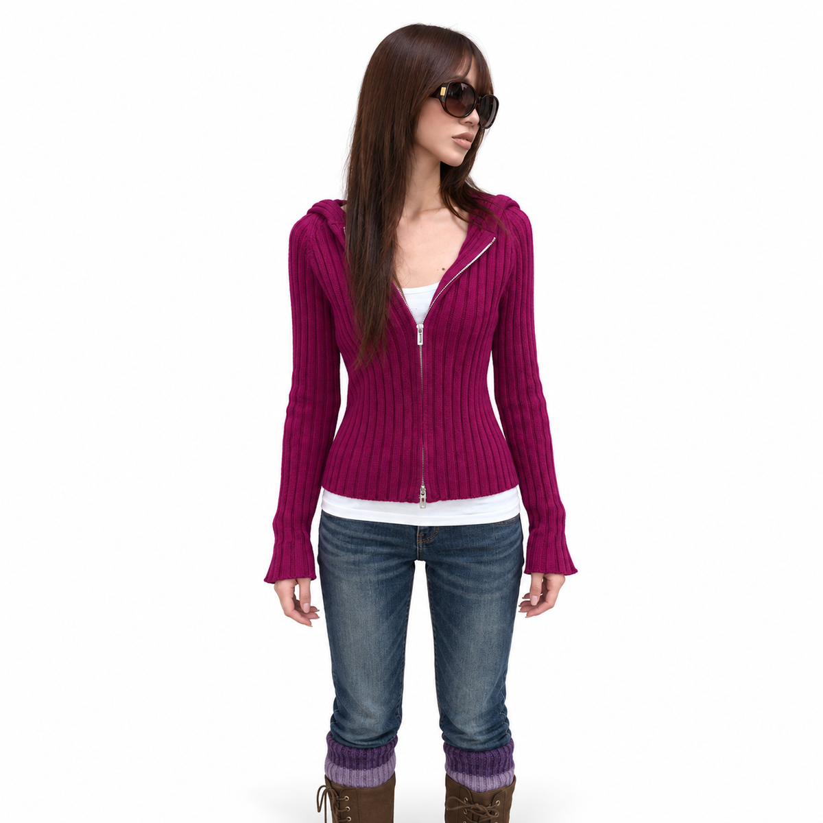 Striped Double-Zip Knit Hoodie — white studio catalog image