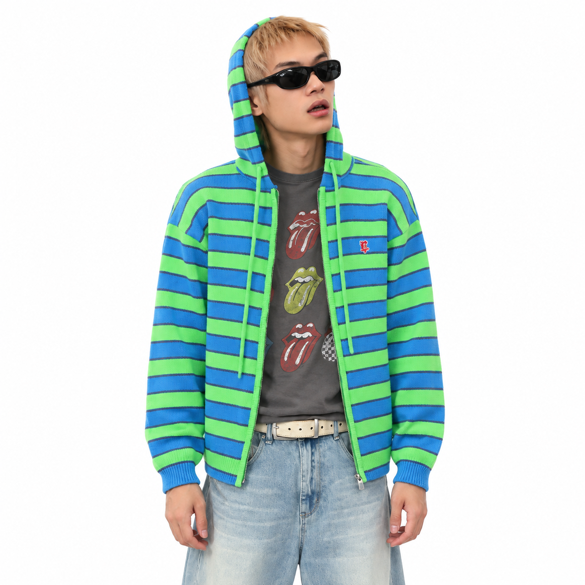 Striped Hooded Knit Cardigan Sweater — white studio catalog image