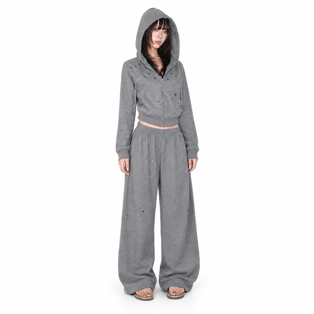 Studded Hooded Cardigan Sweatshirt Set — white studio catalog image