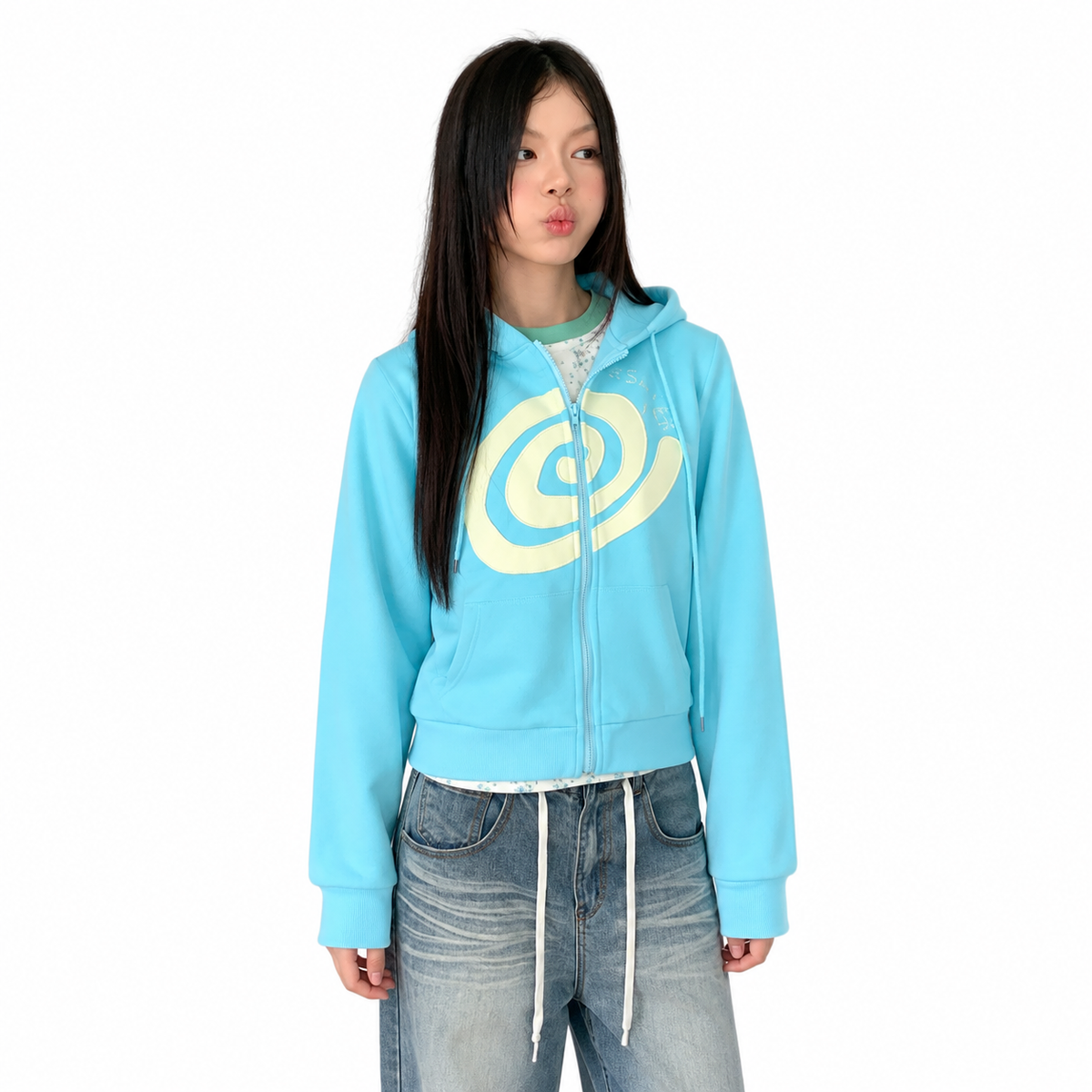 Swirl Patchwork Zip Hoodie — white studio catalog image