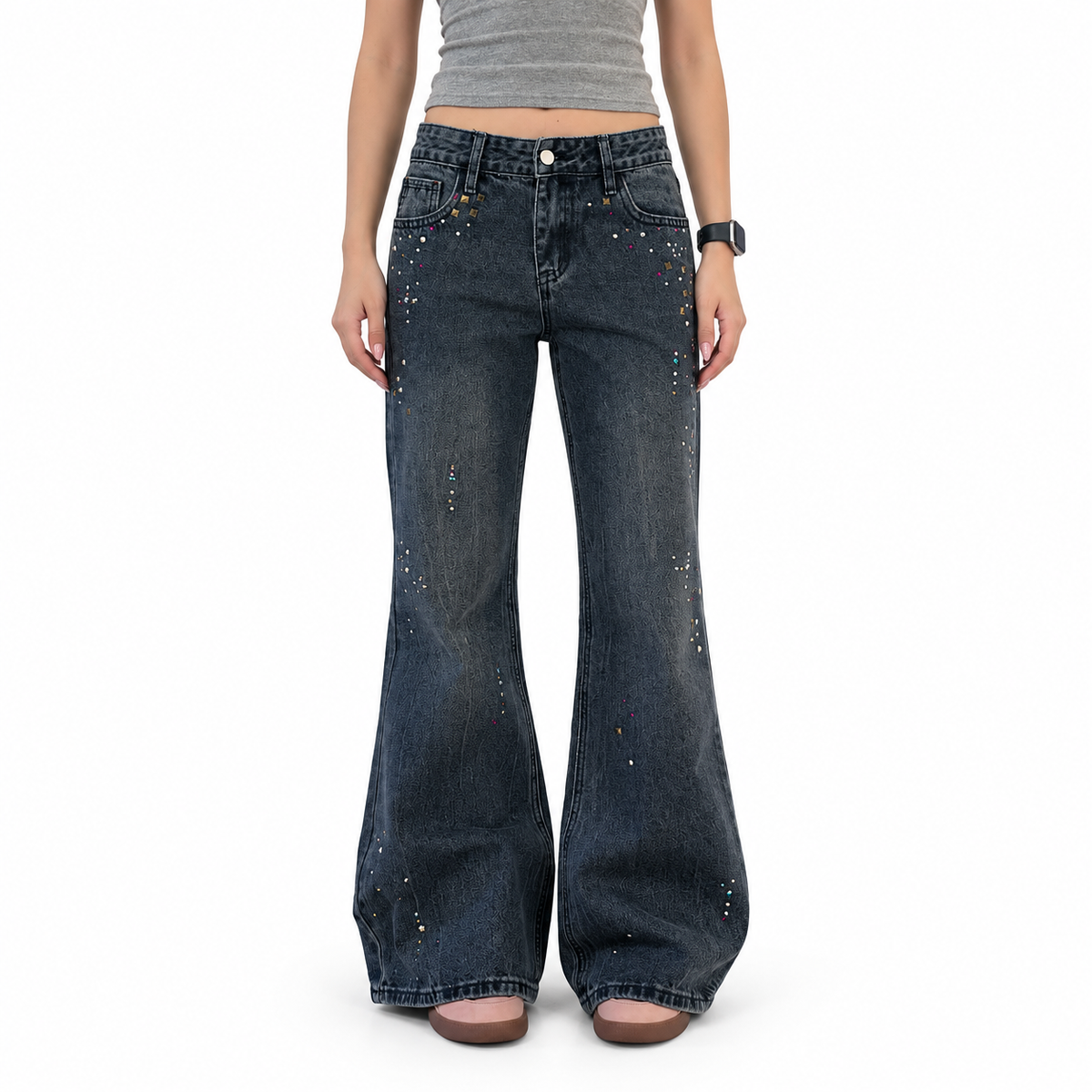 Vintage Rivet Rhinestone Flared Jeans — white studio catalog image