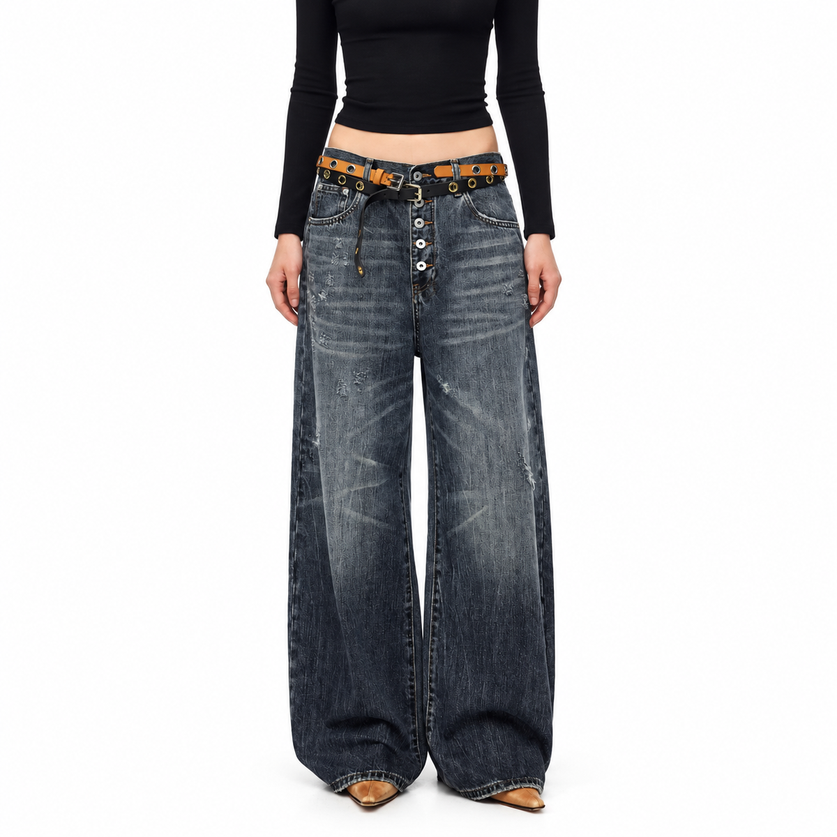 Washed Button-Fly Wide-Leg Jeans — white studio catalog image