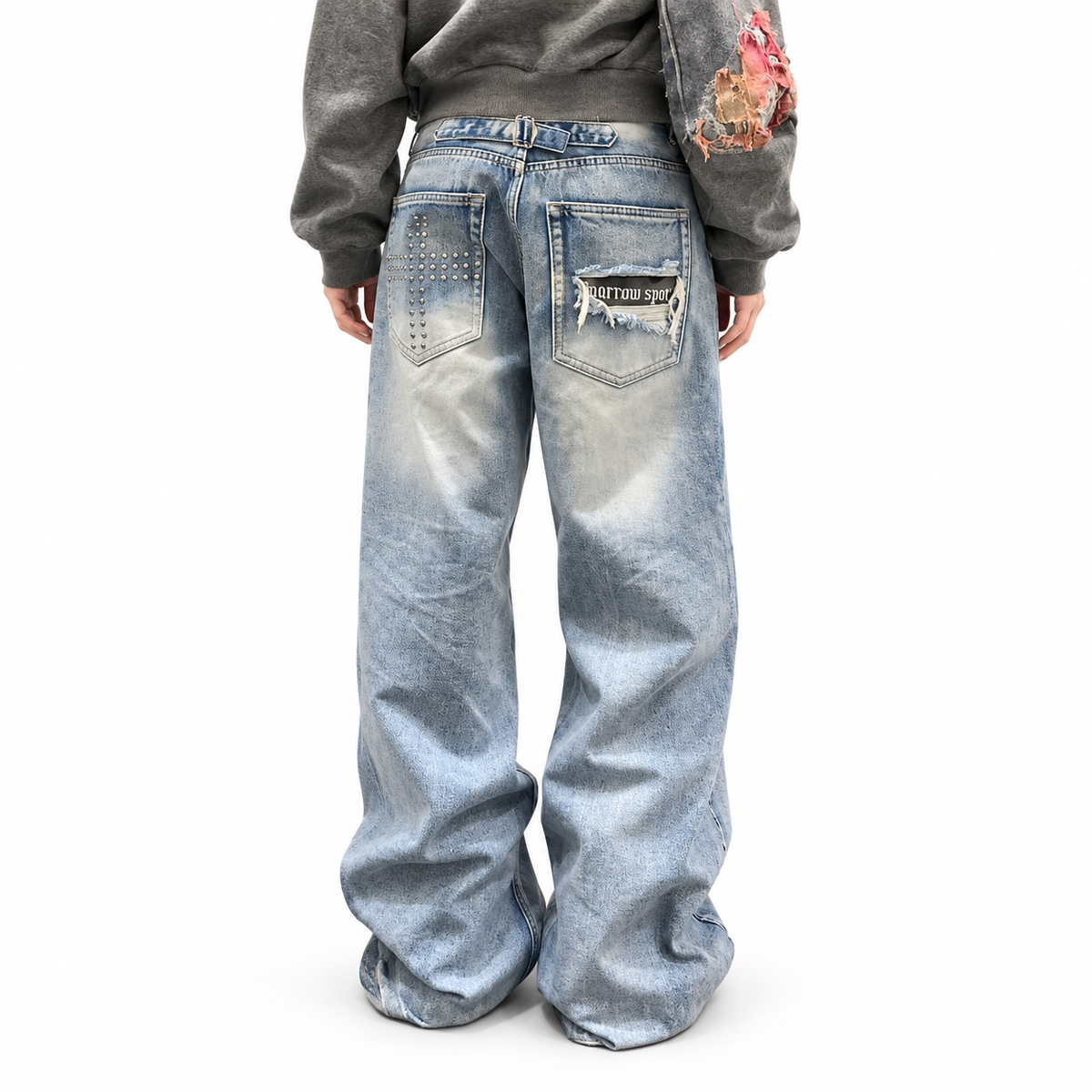 Washed Cross Studded Wide Leg Jeans — white studio catalog image